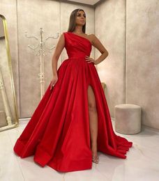 Simple Charming Red A Line Long Prom Dresses One Shoulder Pleats High Side Split Floor Length Formal Dress Evening Gowns Party Wea5437521