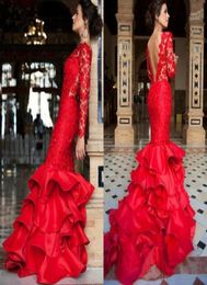 Tiered Mermaid Evening Dresses 2019 Long Sleeves Red Lace Open Back Sexy Prom Formal Gowns6080509