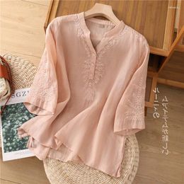 Women's Blouses Limiguyue Summer Casual Floral Embroidery Ramie Blouse Women Shirts 3/4 Sleeve V Neck Vintage Literary Thin Loose Tops U879