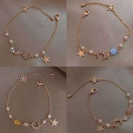 Bracciale con perle e zirconi stella luna da donna dal design unico, edizione coreana High E, celebrità di Internet Trey, braccialetto minimalista alla moda, migliore