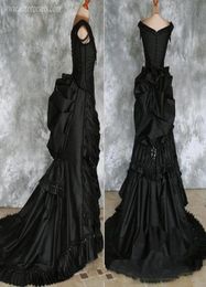 Beaded Gothic Victorian Bustle Prom Gown with Train Vampire Ball Masquerade Halloween Black Evening Bridal Dress Steampunk Goth 197061330