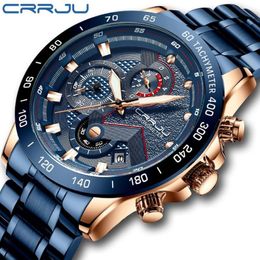 Wristwatches Modern Design Crrju Menes Watch Blue Gold Big Dial Quartz Top Calendar Wristwatch Chronograph Sport Man Clock255U
