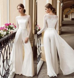 Cheap Designer Bohemian Jumpsuit Lace Wedding Dresses Bateau Neck Long Sleeves Beach Bridal Gowns Floor Length Chiffon vestido de 7952963