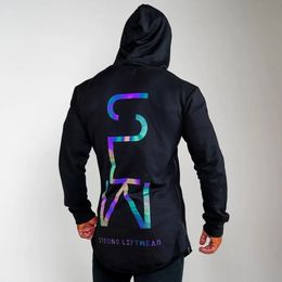 2023 Autumn Colourful Reflective Hoodie Running Fitness Training Long Sleeve Mens Elastic Laser Sports Coat 240301