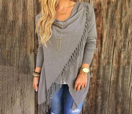 Women Autumn Spring Sweater Asymmetric Tops Loose Tassel Sweater Long Sleeve Cowl Neck Black Gray White9296252