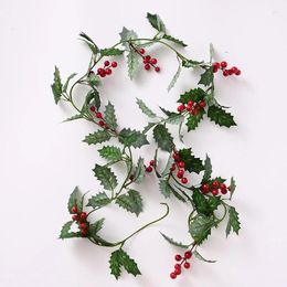 Decorative Flowers 200CM Christmas Artificial Red Berry Flower Vine Green Leaves Garland Xmas Tree Hanging Rattan Home Year Table