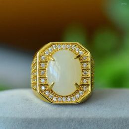 Cluster Rings Natural White Jade Big Ring Men Women Fine Jewelry Genuine Hetian Jades Nephrite Zircon Luxury Adjustable Lucky Amulets