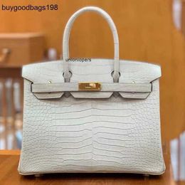 Designers Handbags Women Bags All Hand Sewn Womens Leather Handbag Luxury Fog Face Inverted v Bay Crocodile 30 Glacier White Large Capacity 4YNM