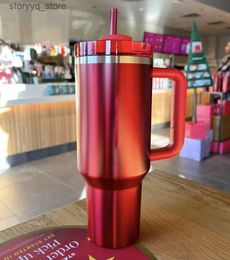 Mugs Multi-Use 40oz Tumbler With Handle Stainless Steel Cup With Lid and Straw - Red Tumbler Mug L240312