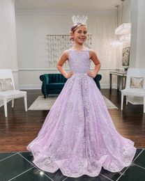 Lace Flower Girl Dresses Beaded Ball Gown Sheer Neck Tulle Lilttle Kids Birthday Pageant Weddding Gowns