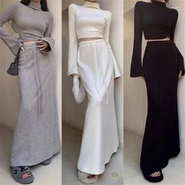 Women's T Shirts Two Piece Sets Women Turtleneck Long Sleeve Top And Maxi Skirt Female Summer Casual Bodycon Skirts Set Streetwear 2024