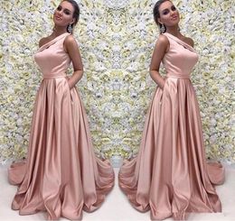 Rose Gold Long Prom Dress Elegant One Shoulder Sleeveless A Line Floor Length Satin Evening Dresses Bridesmaid Formal Gown With Po4138754