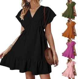 Casual Dresses Solid Colour V Neck Short Sleeve Drawstring Dress Ruffle A Line Swing Mini Summer For Women Elegant