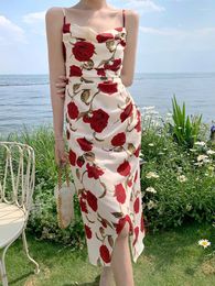 Casual Dresses Vintage Slash Neck Spaghetti Strap Rose Floral Chiffon Midi Dress For Women Party Elegant Bodycon Beach Robe Vestidos Summer