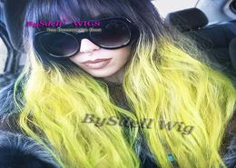 New Arrival Black Ombre Fluorescent Yellow Green Color Hair Wig Synthetic Natural Wave Full Wig with Neat Bang4789408