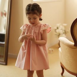 2024 Summer Suits for Kids Girl Infant Pink Embroidery Handmade Casual Loose Dress and Butt Pants Children Spanish Cute Clothes 240307