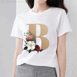 Women's T-Shirt Womens T-shirt Fashion 26 English Golden Flower Letter Printing Simple T-shirt Comter Wear Comfortable Round Neck Ladies Top L24312