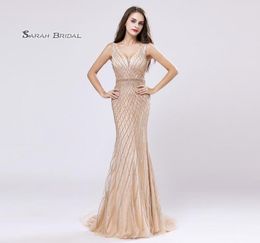 Champagne Crystal Mermaid Beading Prom Party Dress 2019 Sexy Elegant Beading Vestidos De Festa Evening Wear Formal Occasion Gown L2550711