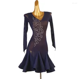 Stage Wear Latin Dress Ballroom Gowns Competition Costume Long Sleeves Rhinestones Dance Practise Outfits Performance Clothes
