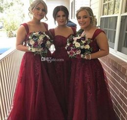 New Cheap Bridesmaid Dresses Burgundy Tulle Cap Sleeves Lace Appliques Long Summer Beach For Wedding Guest Dress Maid of Honour Gow3709709
