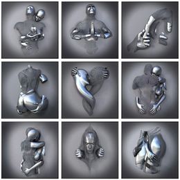 Silver Metal Figure Statue Wall Art Canvas Painting Romantic Lover Sculpture Poster Picture for Living Room Home Decor Print No F304g