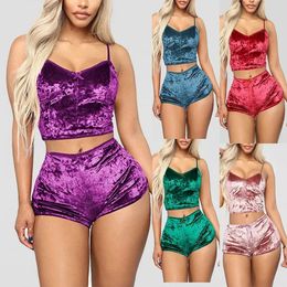 Womens Velvet Polyester Comfortable Vneck Underwear Setcamisoleshorts Pajamas Set Home Clothes Sleeveless Top Shorts 240226