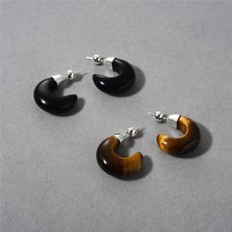 Simple C-shaped Black Agate Crescent S925 Silver Needle Earrings European and American Light Luxury Niche Design Cool and Cool Style Earrings