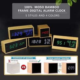 100% Bamboo Digital Alarm Clock Adjustable Brightness Voice Control Desk Large Display Time Temperature USB Battery Powered LJ2012274a