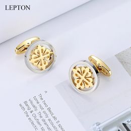 Lepton Silver 18K Gold Colour Cufflinks Stainless Steel Round Cuff Links for Men Wedding Business Cufflink Gemelos 240219