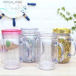 Mugs 16oz snow globe pre-drilled acrylic Mason mug jar with handle straw lid double walled Plastic mason Cup Fruit Juice cold beverage drinking tumbler hole plug