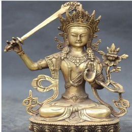 WBY---607 9 Chinese Buddhism Bronze Carving Manjushri Buddha Goddess Hold Sword Statue291e