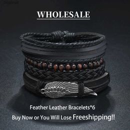 Beaded Six pieces Trendy Leather Bracelet Men PU Leather Products Widened Woven Bracelet Wooden Bead Wing Feather Drawstring BraceletL24213