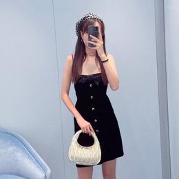 Casual Dresses Spring 2024 Women Dress Bow Sling Black Velvet Versatile Waist Closing Camisole Sleeveless