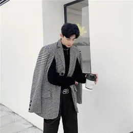 Men's Suits Original Houndstooth Plaid Men Blazer Outerwear Side Chest Split Hole Design Coat Korean Chic Streetwear Senior Party Jacket Top