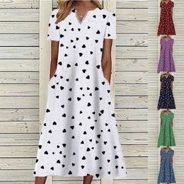 Womens A Line Mid Length Dress Short Sleeve Printed Heart Shaped