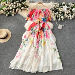 Floral series vacation dress 2024 new design sense printed ruffle edge one line collar off shoulder chiffon skirt