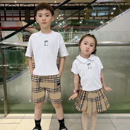 Baby Girl Boy 2Pcs Clothes Set Kids Luxury Clothing Sets Classic B Clothes Set Chequered Skirt T-Shirt Shorts 90-160CM