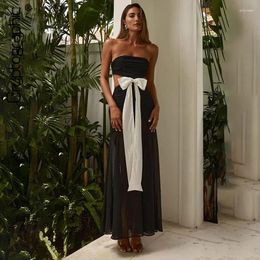 Casual Dresses Backless Strapless Ruched Bow Detail Maxi Dress Elegant Outfits Women Mesh Splice Cut Out Party