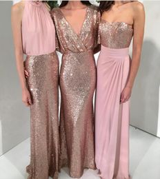 Shining Three Styles ALine Sequin Bridesmaid Dresses Rose Gold with Pink Mermaid 2019 Custom Made Wedding Party Formal Gowns Maid4982481