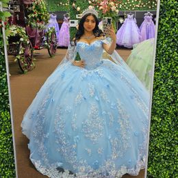 Sky Blue Shiny Quinceanera Dresses Princess Applique Lace Ball Birthday Party Gown Sweet 16 Dresses Prom Vestidos De 15 Anos