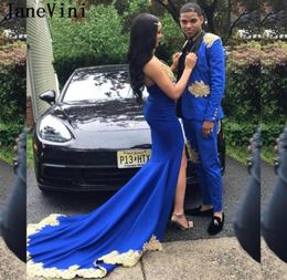 JaneVini Long Royal Blue Mermaid Prom Dress for Black Girls 2019 Women Gold Appliques African Party Dresses Sexy High Slit Evening6159359