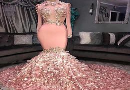 2019 Luxury Pink Mermaid Prom Dresses High Neck Sheer Long Sleeves 3D Floral Flowers Appliqued Evening Party Celebrity Dress BC1043033799