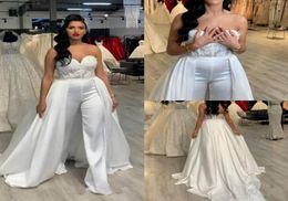 Cheap New Women Jumpsuits Plus Size Wedding Dresses Pant Suits Removable Skirt Long Formal Party Gowns Applique Lace abiye Bridal 3645467