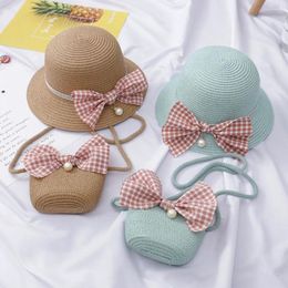 Hats Kids Girls Large Wide Bow Straw Woven Sun Protection Beach Hat Colorful Pompom Ball Summer Floppy Bucket Cap Portable Handbag