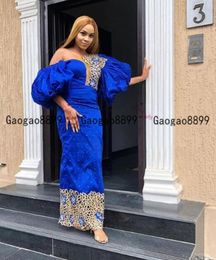 2020 Royal blue real Nigerian sexy evening dresses off the shoulder Puff sleeve gold lace african arabic formal celebrity prom par3020168