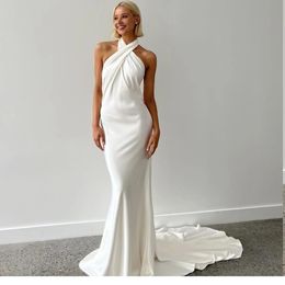 Sexy halter cetim vestido de casamento sem costas sereia sem mangas cetim de seda verão praia vestido de noiva para noiva personalizar vestidos de novias