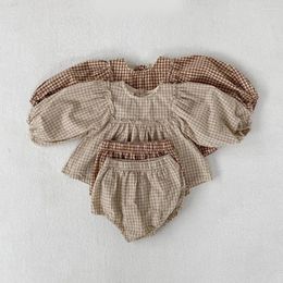 Clothing Sets Adorable Puff Sleeve Plaid Infant Baby Girls Costume Korean Clothes Outfits Born Toddler Blouses Shirts Shorts Suit