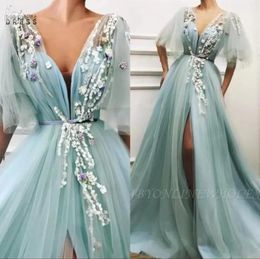 Fairy Mint Green Sexy African Evening Dresses Deep Vneck High Split Prom Dresses Hand Made Flowers Formal Party Evening Pageant G2692064