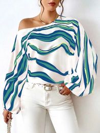 Women's Blouses Shirts Sexy Off Shoulder Striped Print Shirt Blouse Women Spring Autumn Fashion Lantern Sle Loose Casual Shirts Tops FemmeL24312