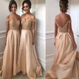 Sexy Bridesmaid Champagne Gold Maid of Honour Dresses Beaded Lace Top Off the Shoulder Backless Long Wedding Party Gowns